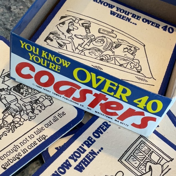 Vintage “Over Forty” box of beverage coasters from 1989. Never used. - Picture 2 of 9